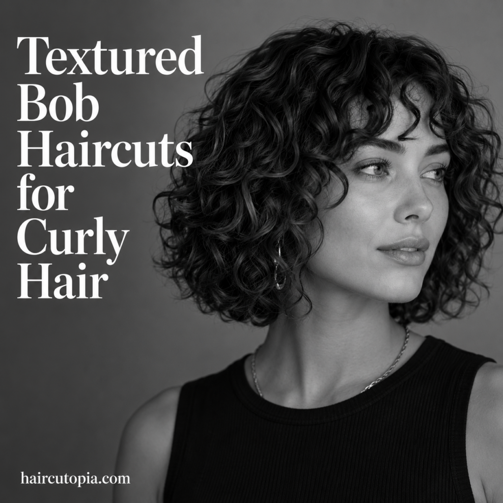 Woman with a textured curly bob haircut featuring defined curls, soft layers, and a modern black-and-white editorial style.