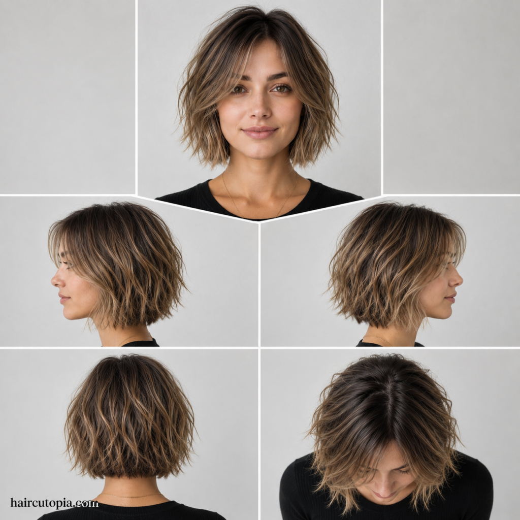 Five-view collage of a textured bob haircut for fine hair showing the front, left side, right side, back, and top views.