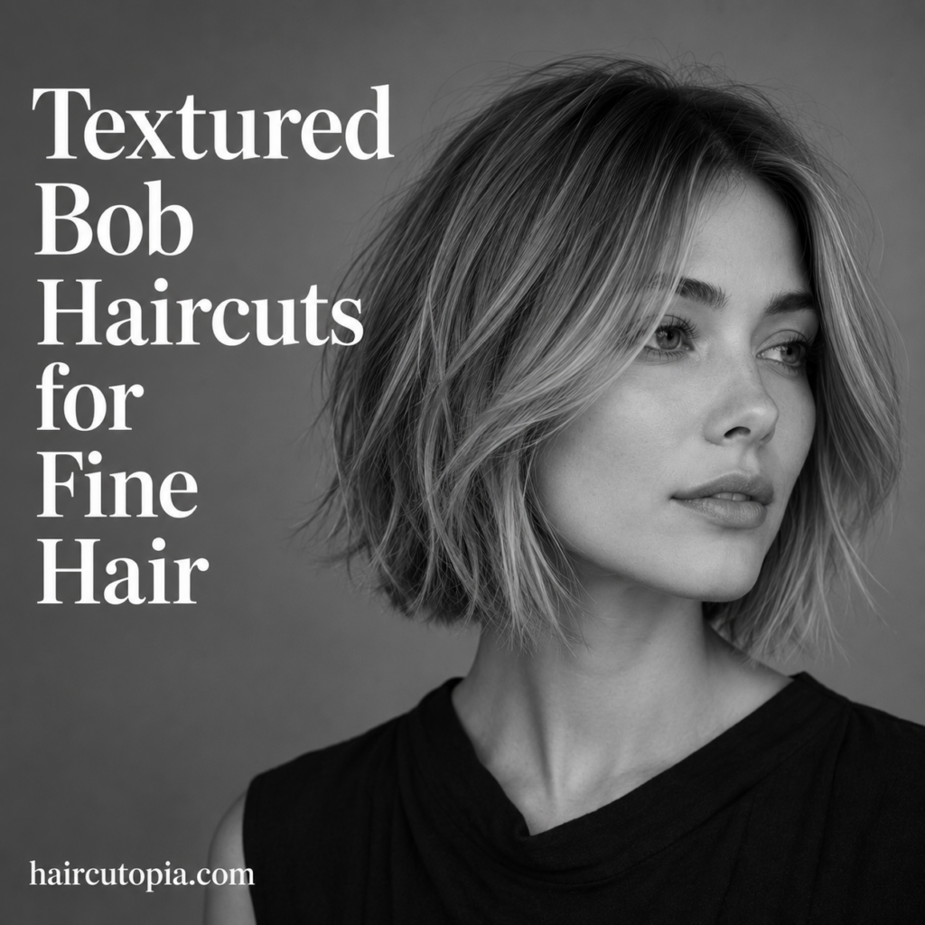 Woman with a textured bob haircut for fine hair featuring soft layers, natural movement, and a modern black-and-white editorial style.