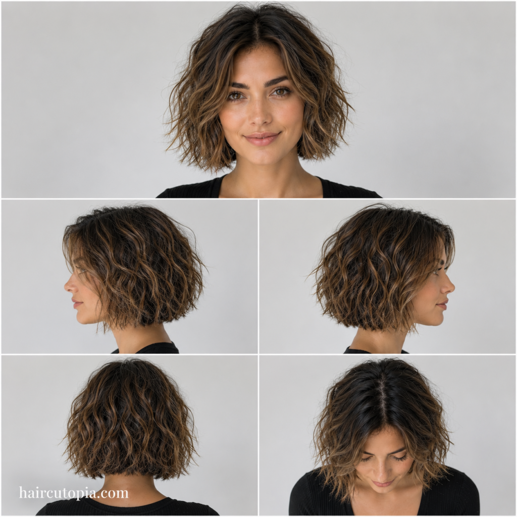 Five-view collage of a textured bob haircut for frizzy hair showing the front, left side, right side, back, and top views.