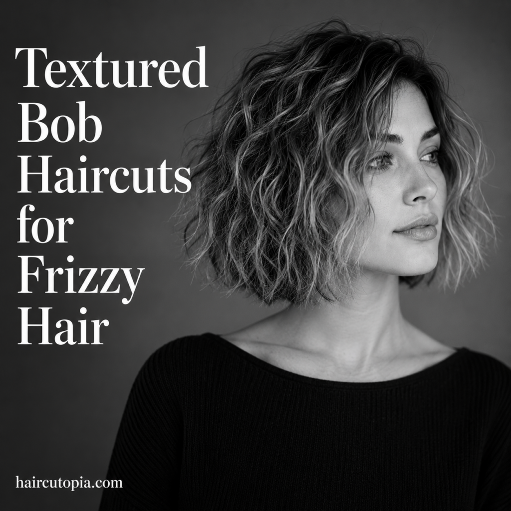Woman with a textured bob haircut for frizzy hair featuring natural texture, soft layers, and a modern black-and-white editorial portrait.