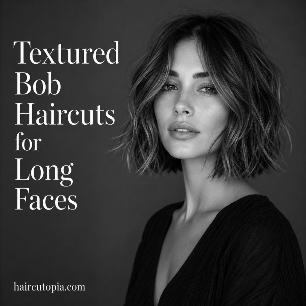 Woman with a textured bob haircut styled to flatter a long face shape.