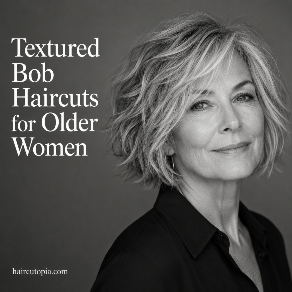 Older woman with a textured bob haircut featuring soft layers, natural volume, and a black-and-white editorial studio portrait.
