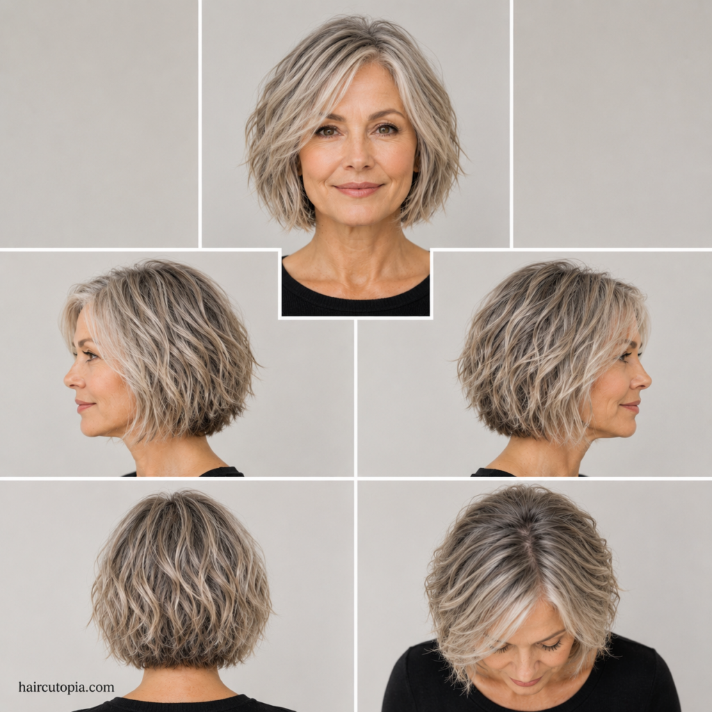 Five-view collage of a textured bob haircut for older women showing the front, left side, right side, back, and top views.