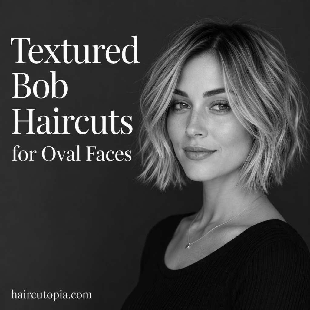 Woman with a textured bob haircut styled for an oval face shape.