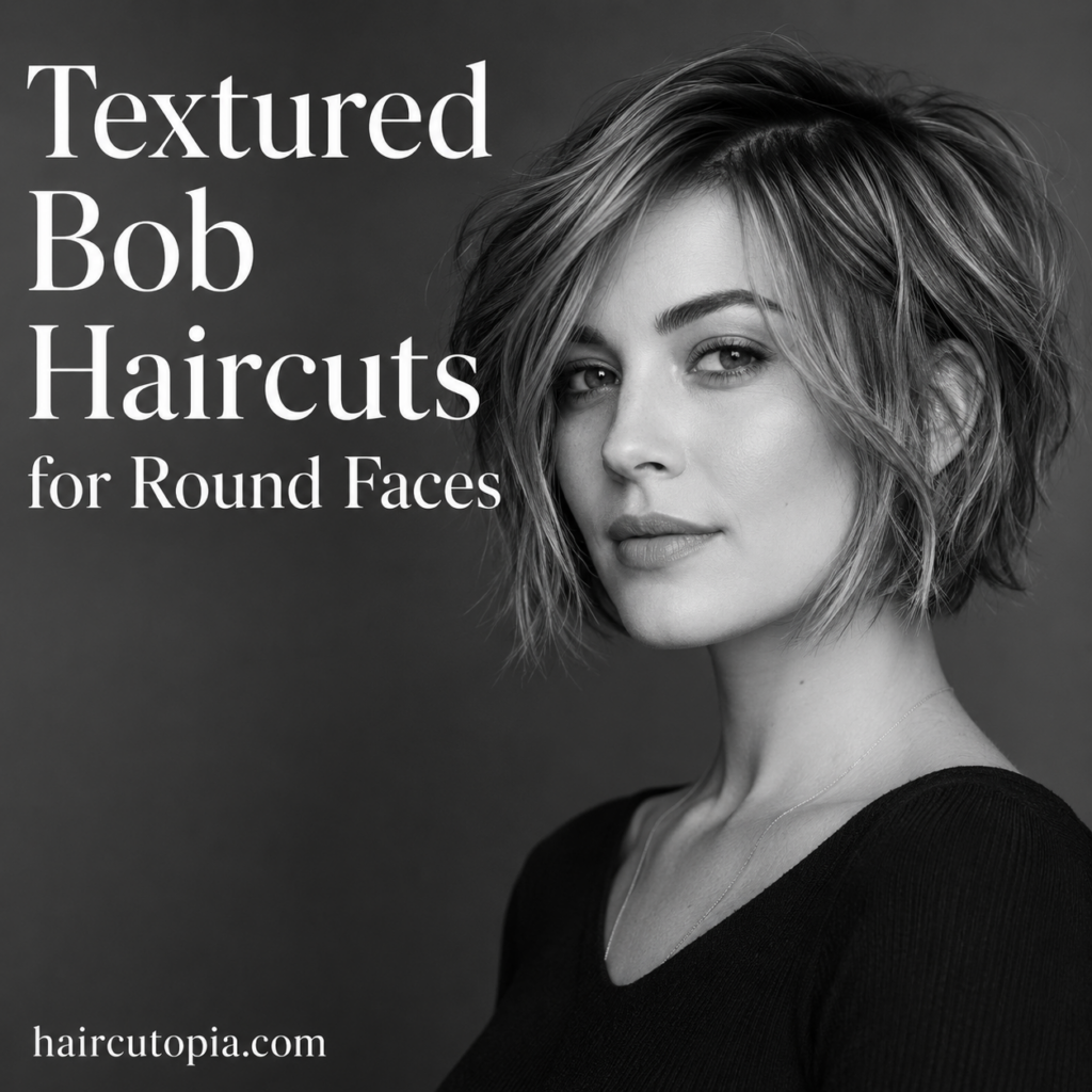 Woman with a textured bob haircut styled to flatter a round face.