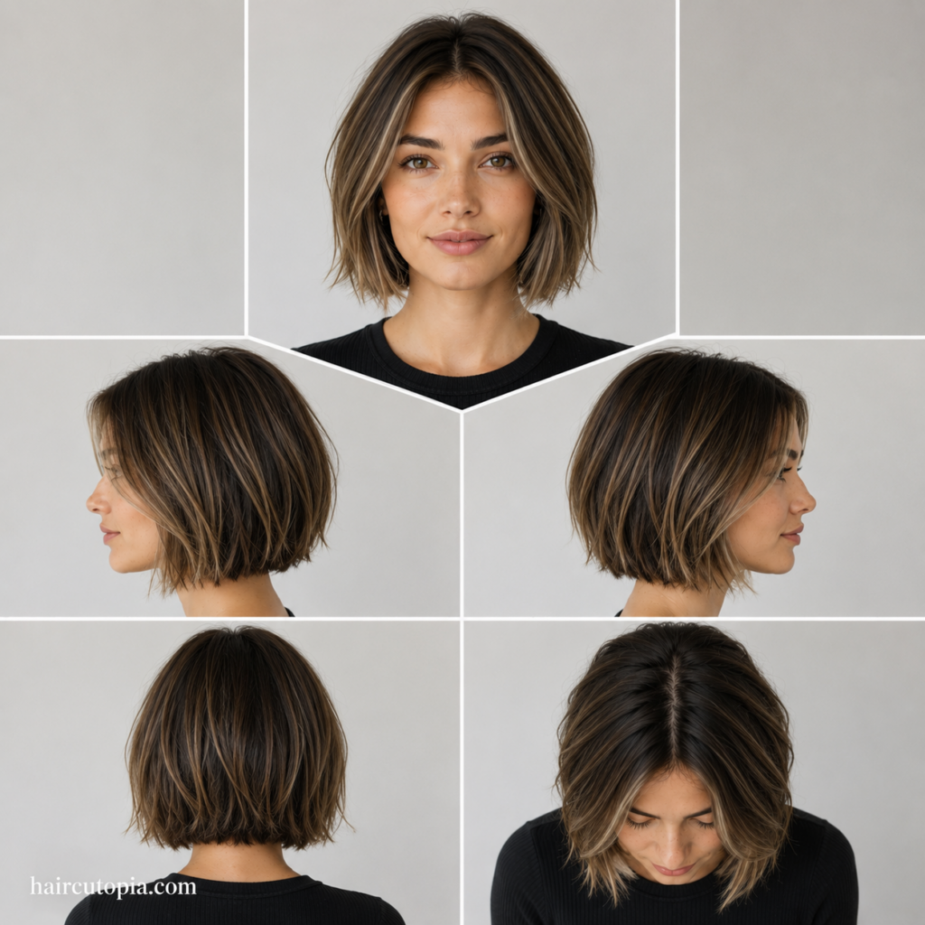 Five-view collage of a textured bob haircut for straight hair showing the front, left side, right side, back, and top views.