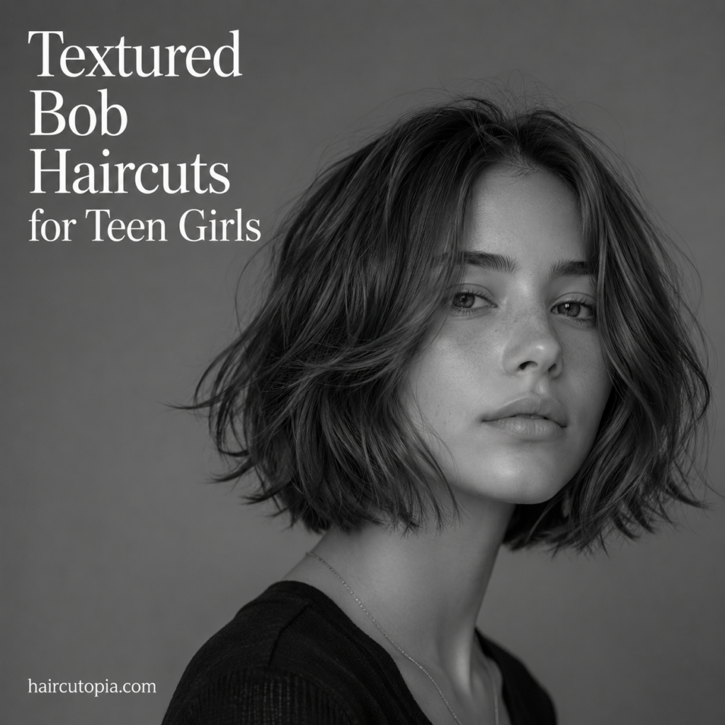 Teen girl with a textured bob haircut in a black-and-white editorial portrait featuring soft layers and natural texture.