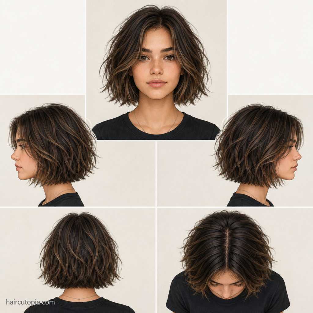 Five-view collage of a textured bob haircut for teen girls showing the front, left side, right side, back, and top views.