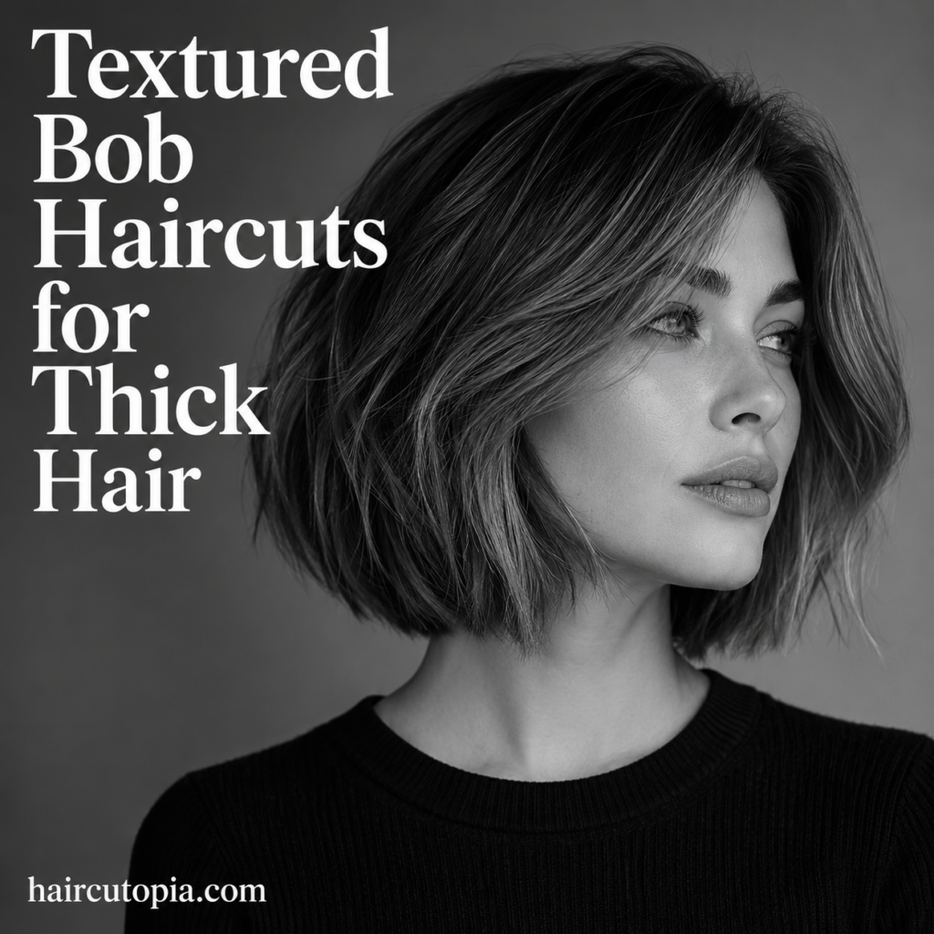 Woman with a textured bob haircut for thick hair featuring layered ends and natural movement.