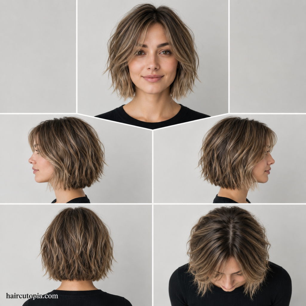 Five-view collage of a textured bob haircut for thin hair showing the front, left side, right side, back, and top views.