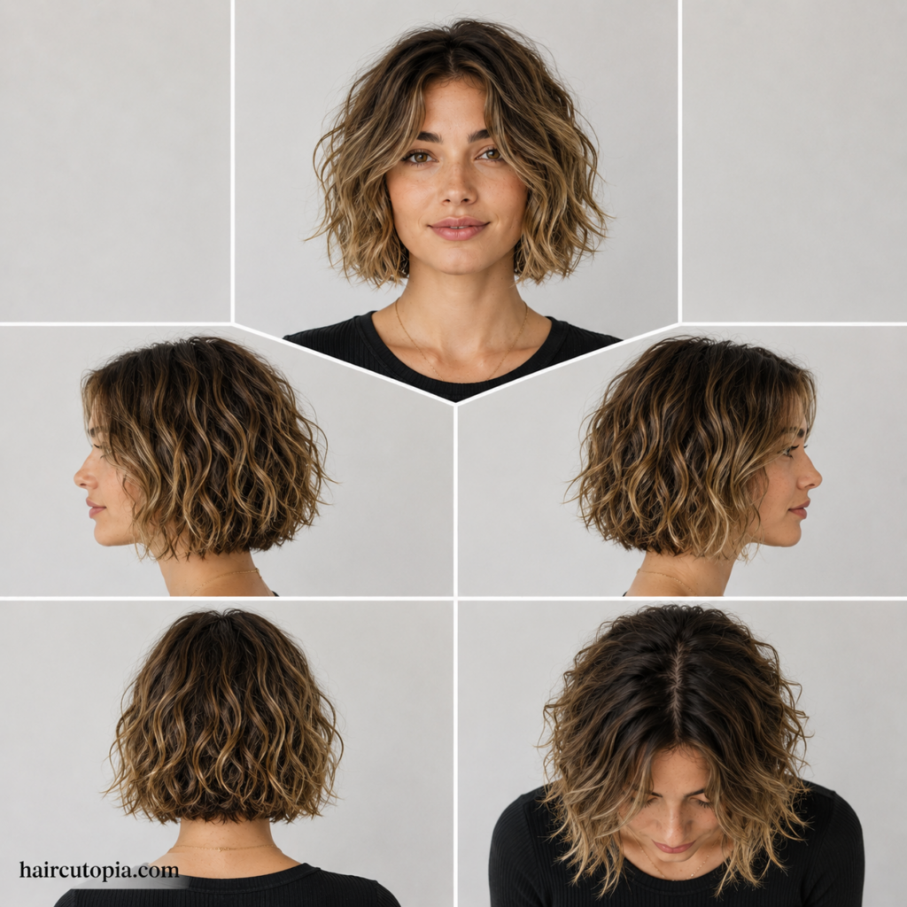 Five-view collage of a textured bob haircut for wavy hair showing the front, left side, right side, back, and top views.