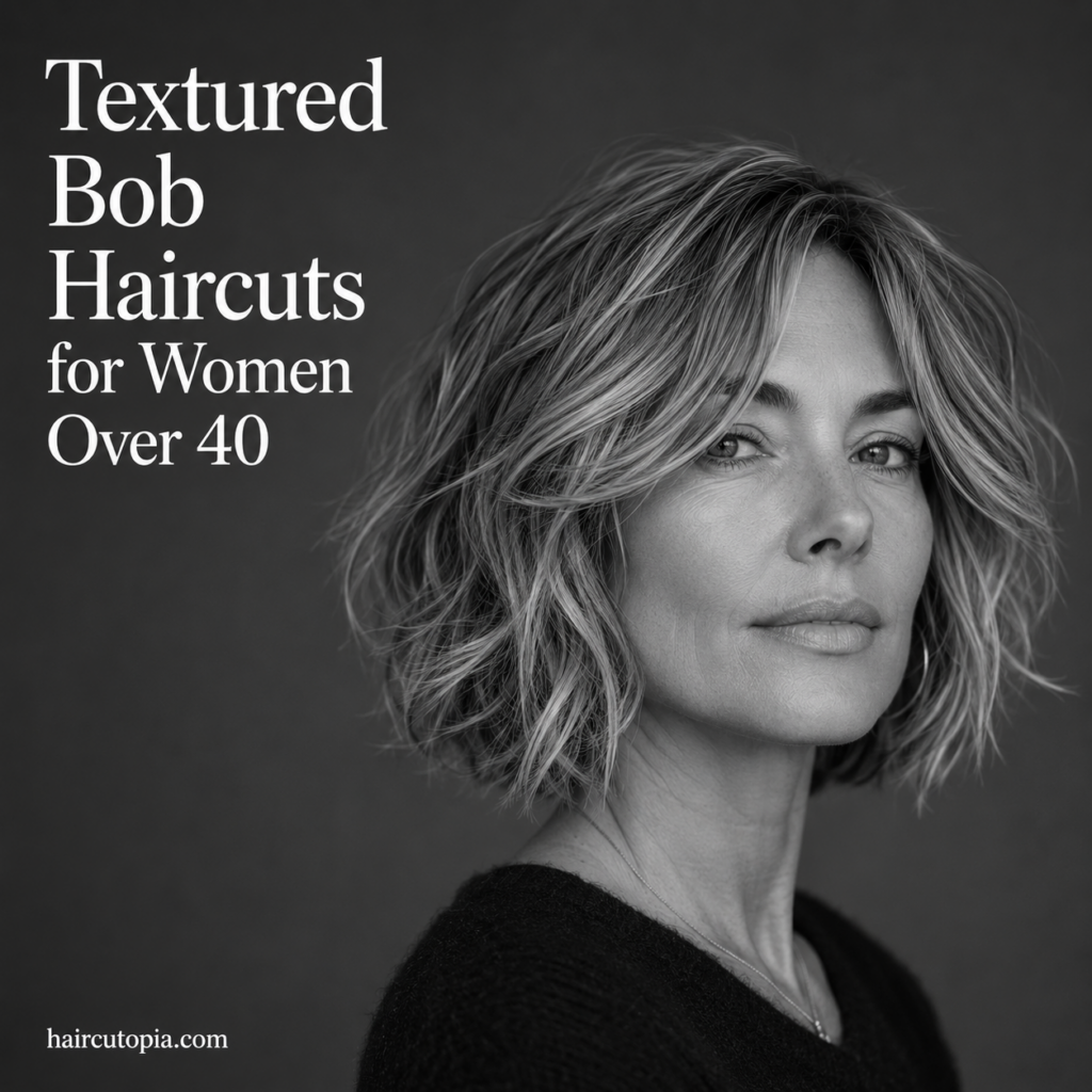 Woman over 40 with a textured bob haircut featuring soft layers, natural movement, and a black-and-white editorial studio portrait.