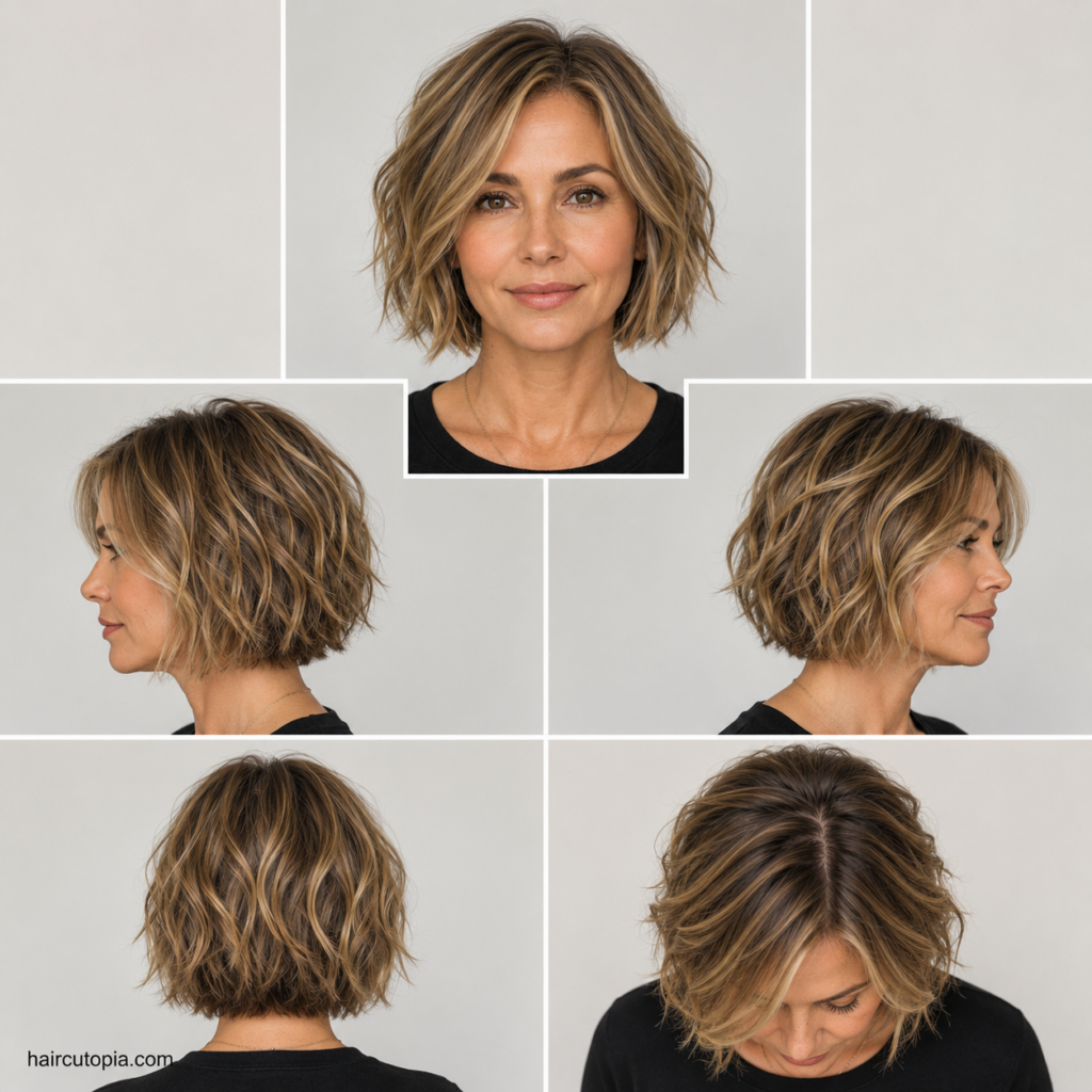 Five-view collage of a textured bob haircut for women over 40 showing the front, left side, right side, back, and top views.