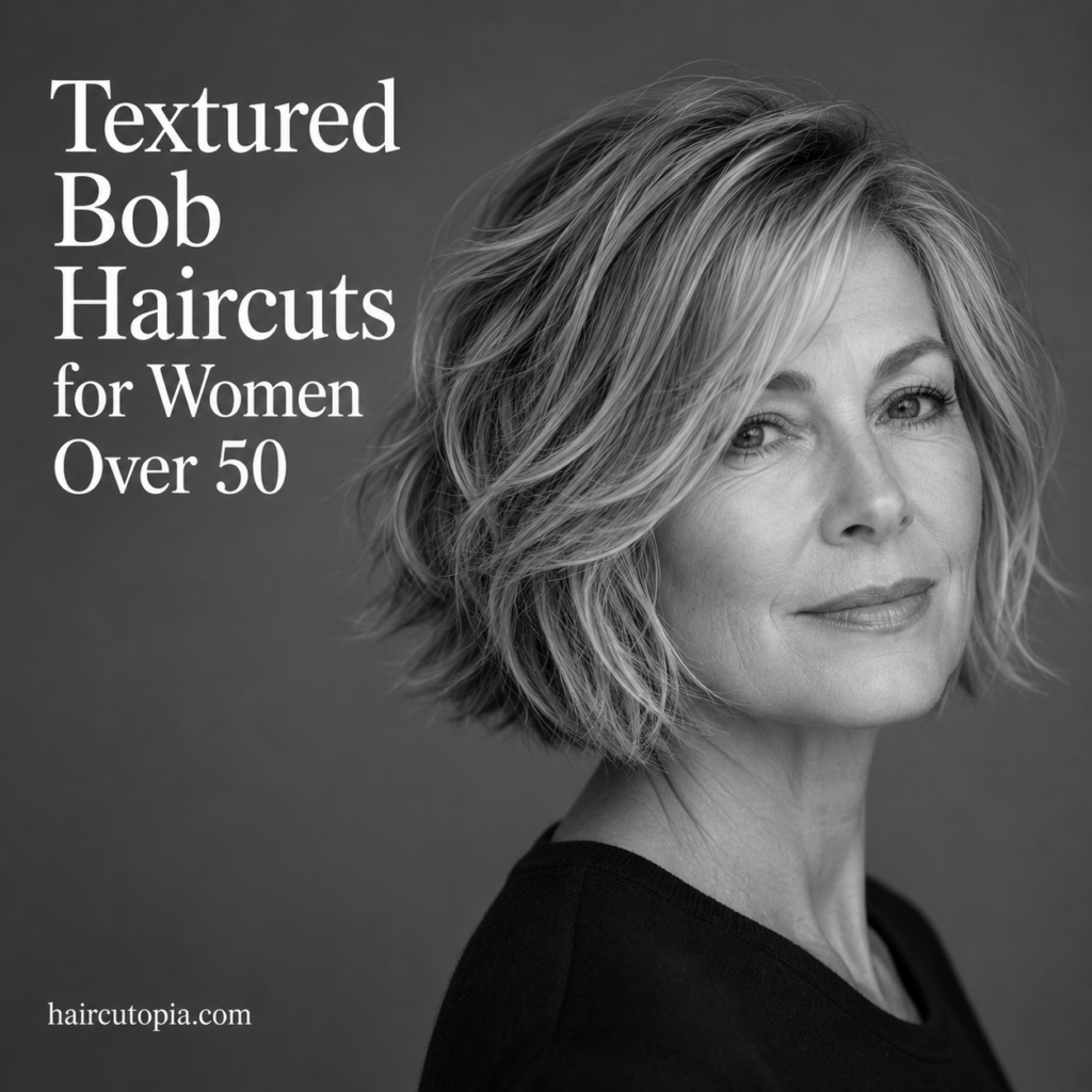 Woman over 50 with a textured bob haircut featuring soft layers, natural volume, and a black-and-white editorial studio portrait.