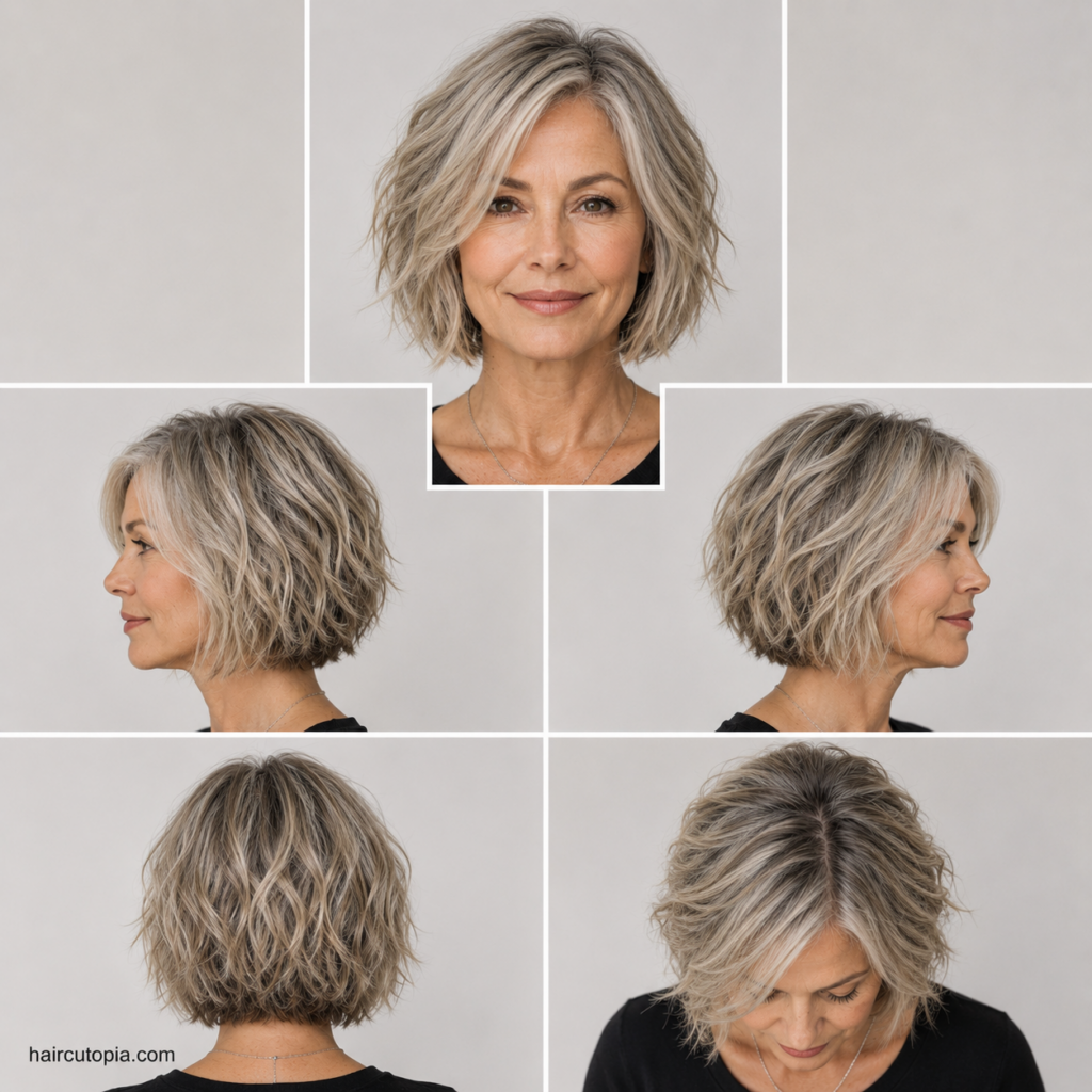 Five-view collage of a textured bob haircut for women over 50 showing the front, left side, right side, back, and top views.