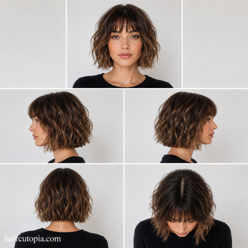 Textured bob haircut shown from front, left side, right side, back, and top views