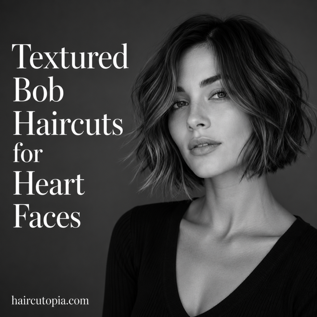 Woman with a textured bob haircut styled to flatter a heart-shaped face.