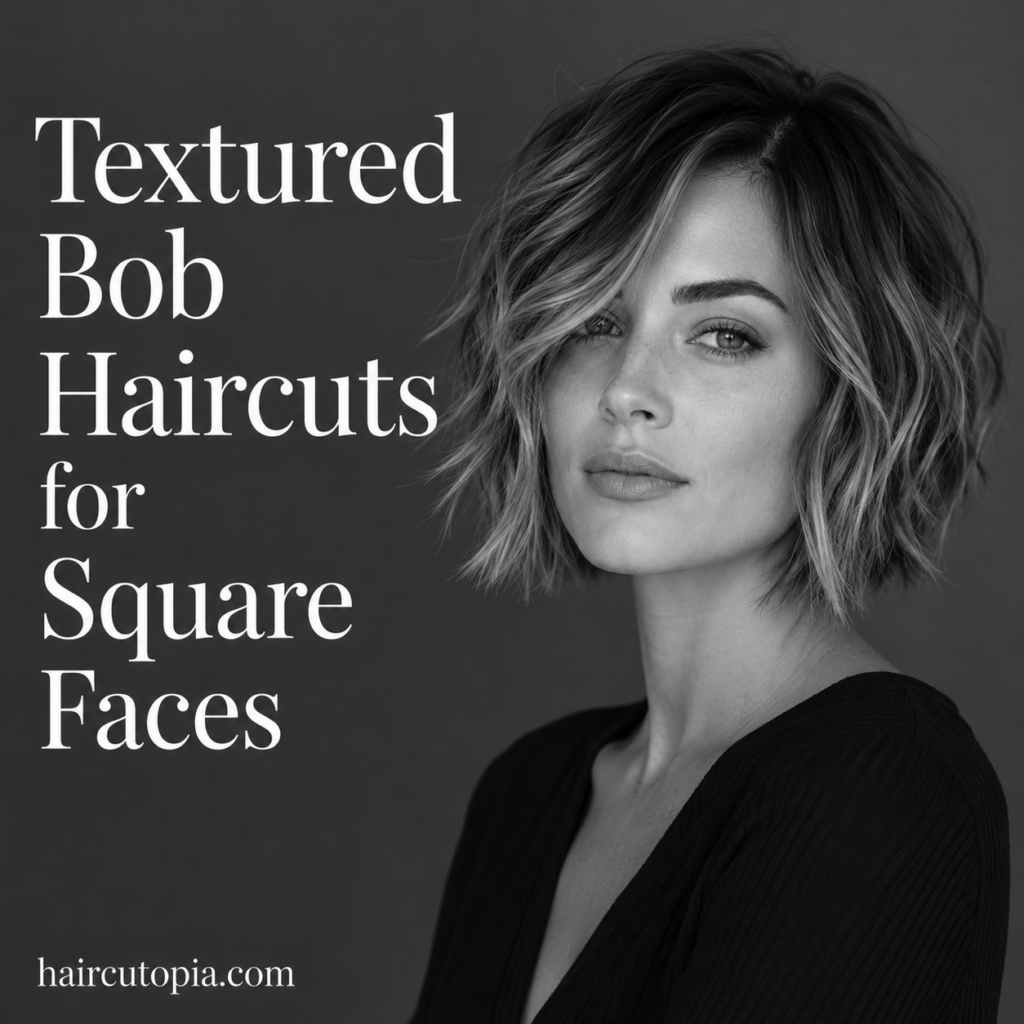 Woman with a textured bob haircut styled to complement a square face shape.