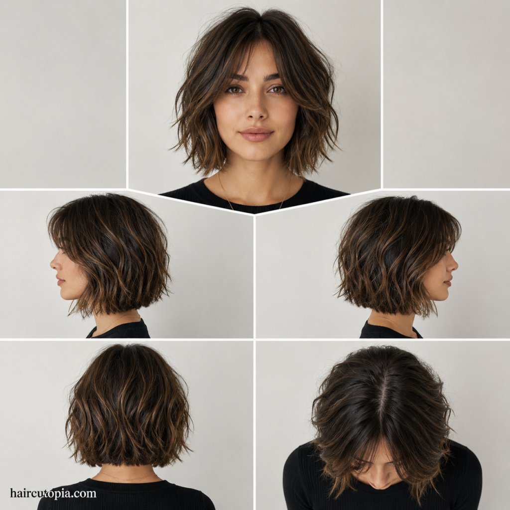 Five-view collage of a textured bob haircut for thick hair showing the front, left side, right side, back, and top views.