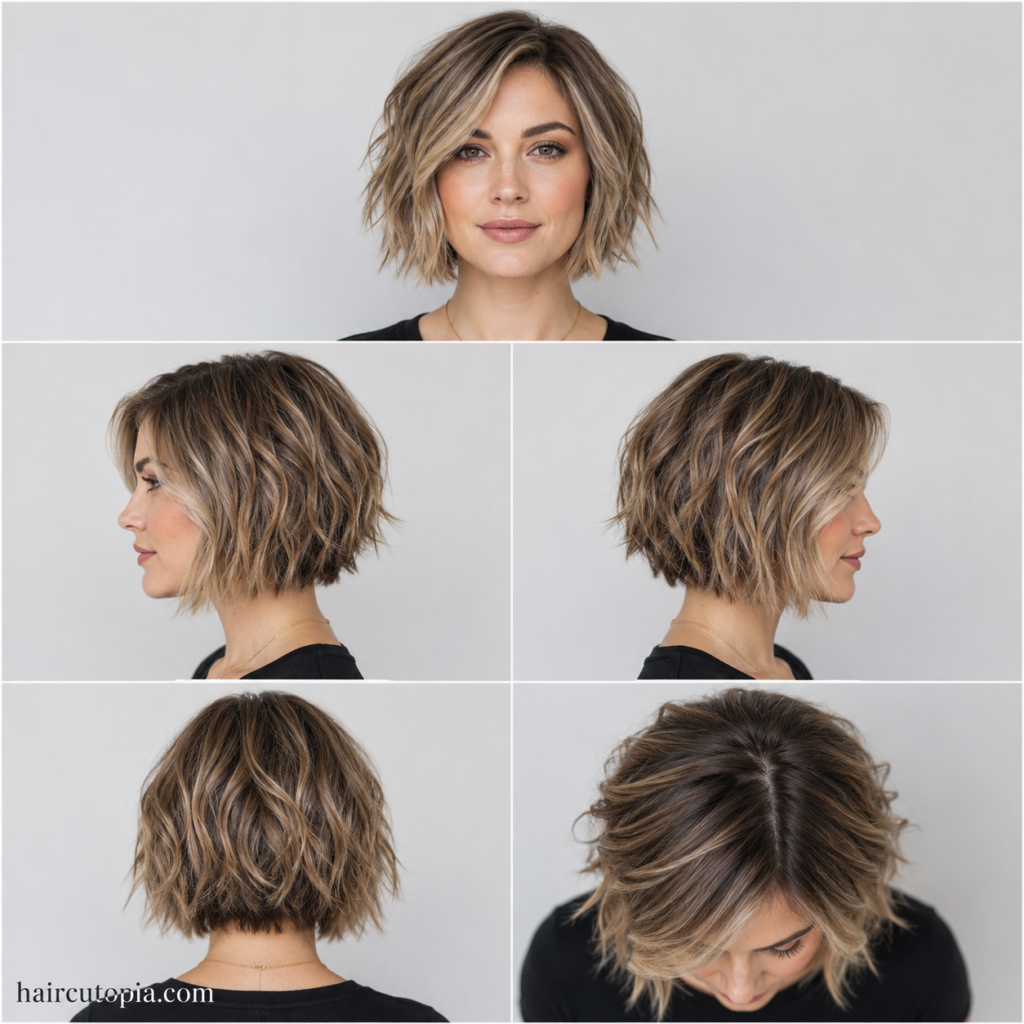 Five-view collage of a textured bob haircut for a round face showing the front, left side, right side, back, and top views.