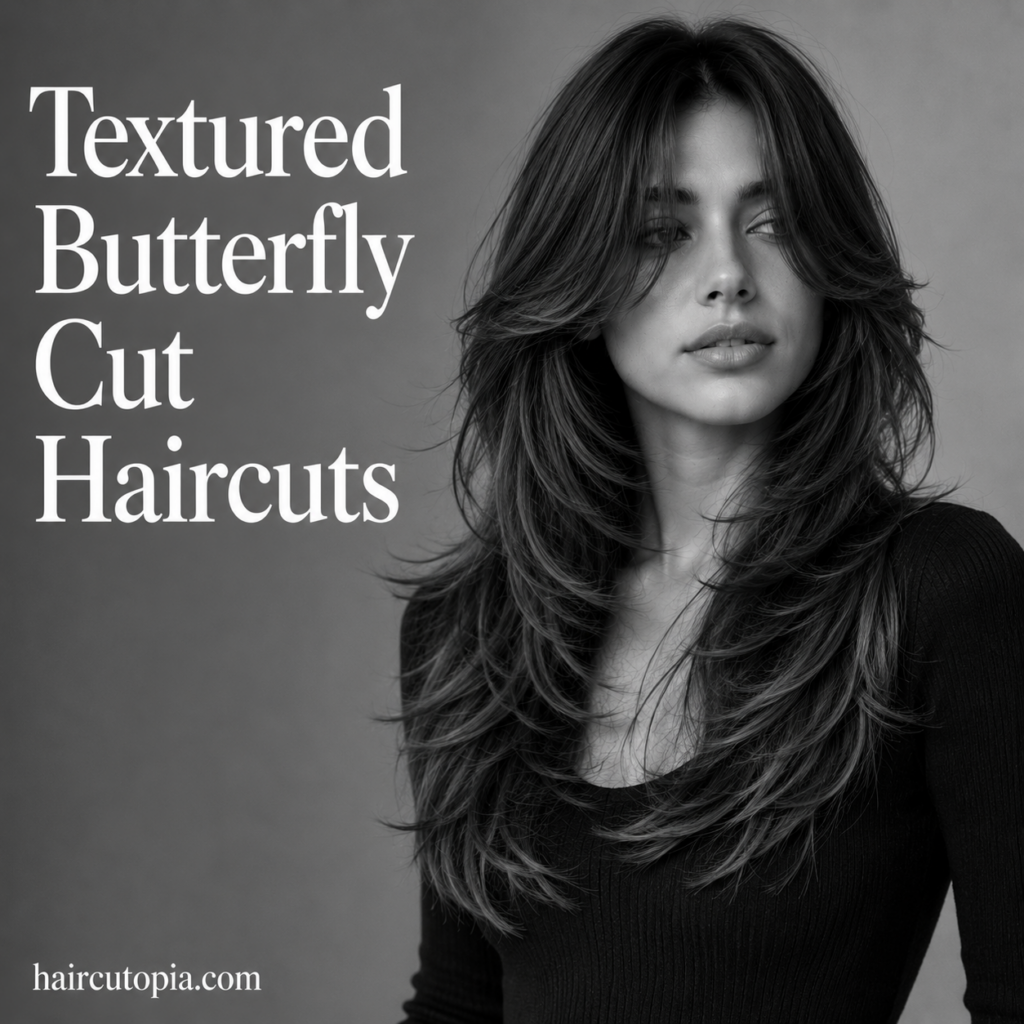 Woman with a textured butterfly cut hairstyle featuring feathered layers and soft natural volume in a black-and-white editorial portrait.