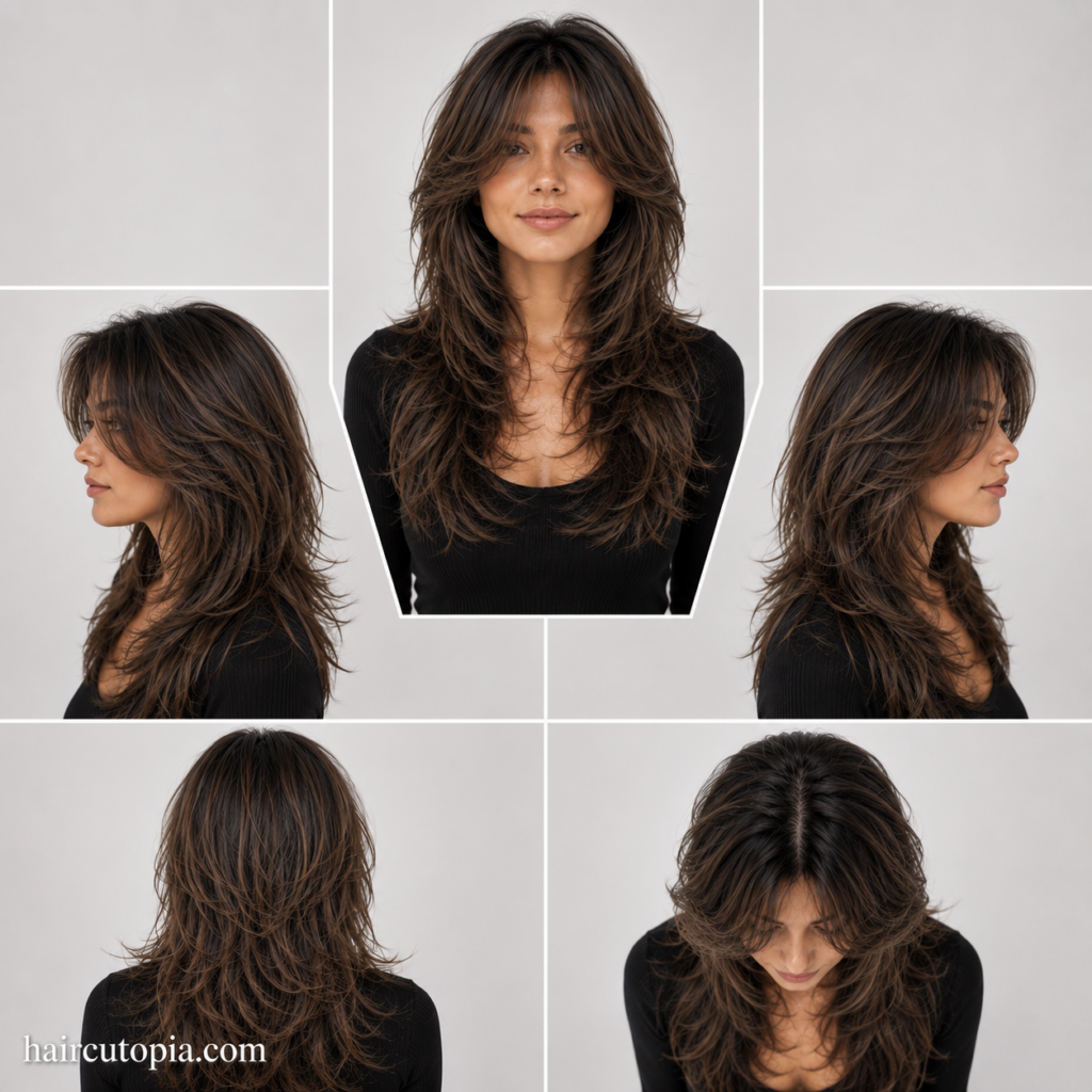 Five-view collage of a textured butterfly cut haircut showing the front, left side, right side, back, and top views with feathered layers and natural texture.
