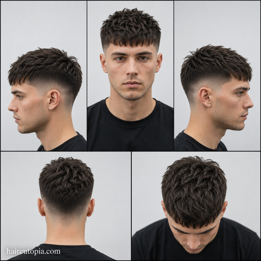 Five-view collage of a modern textured crop haircut showing the front, left side, right side, back, and top views with a textured fringe and low fade.