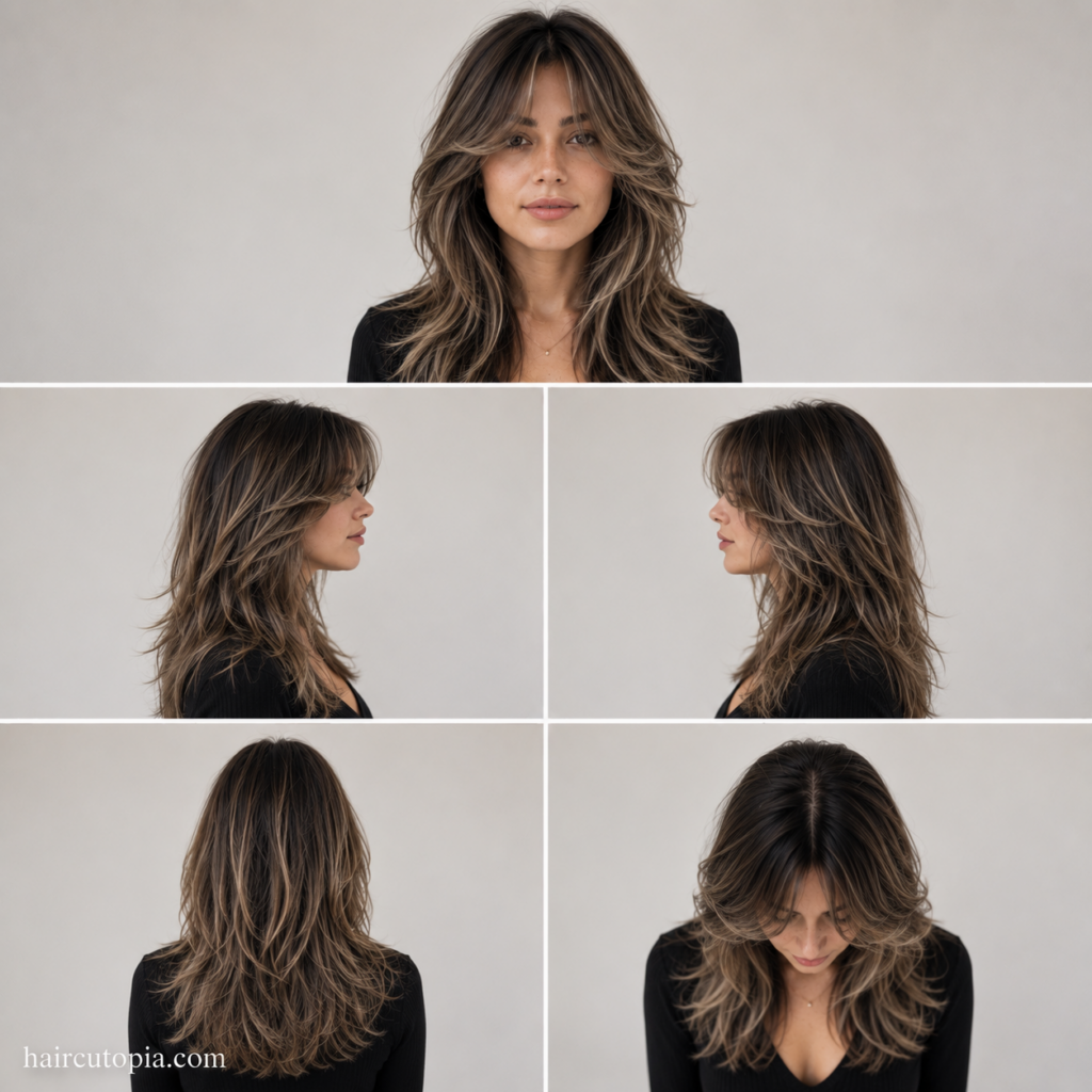 Five-view collage of a textured curtain bangs haircut showing the front, left side, right side, back, and top views of a layered hairstyle with feathered movement.