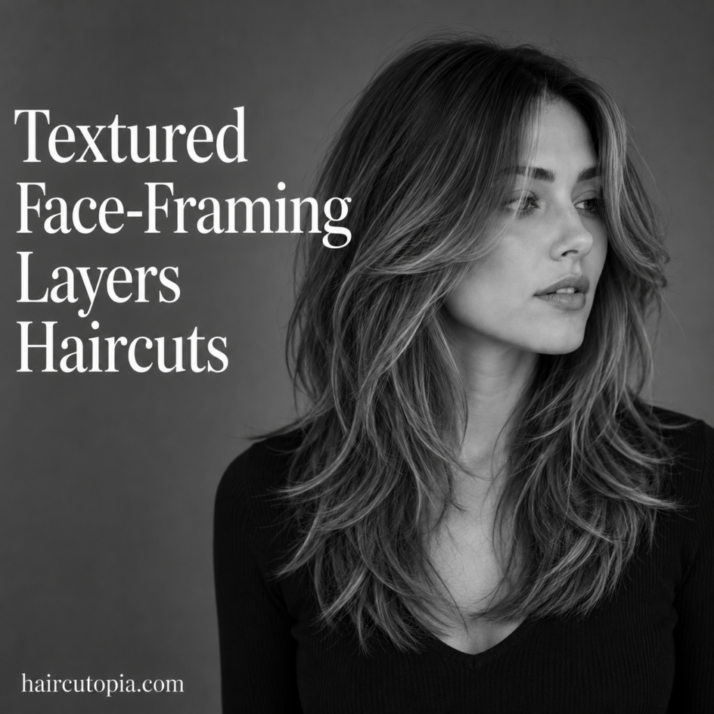 Woman with a textured face-framing layered haircut in a black-and-white editorial portrait showcasing soft movement and dimension.
