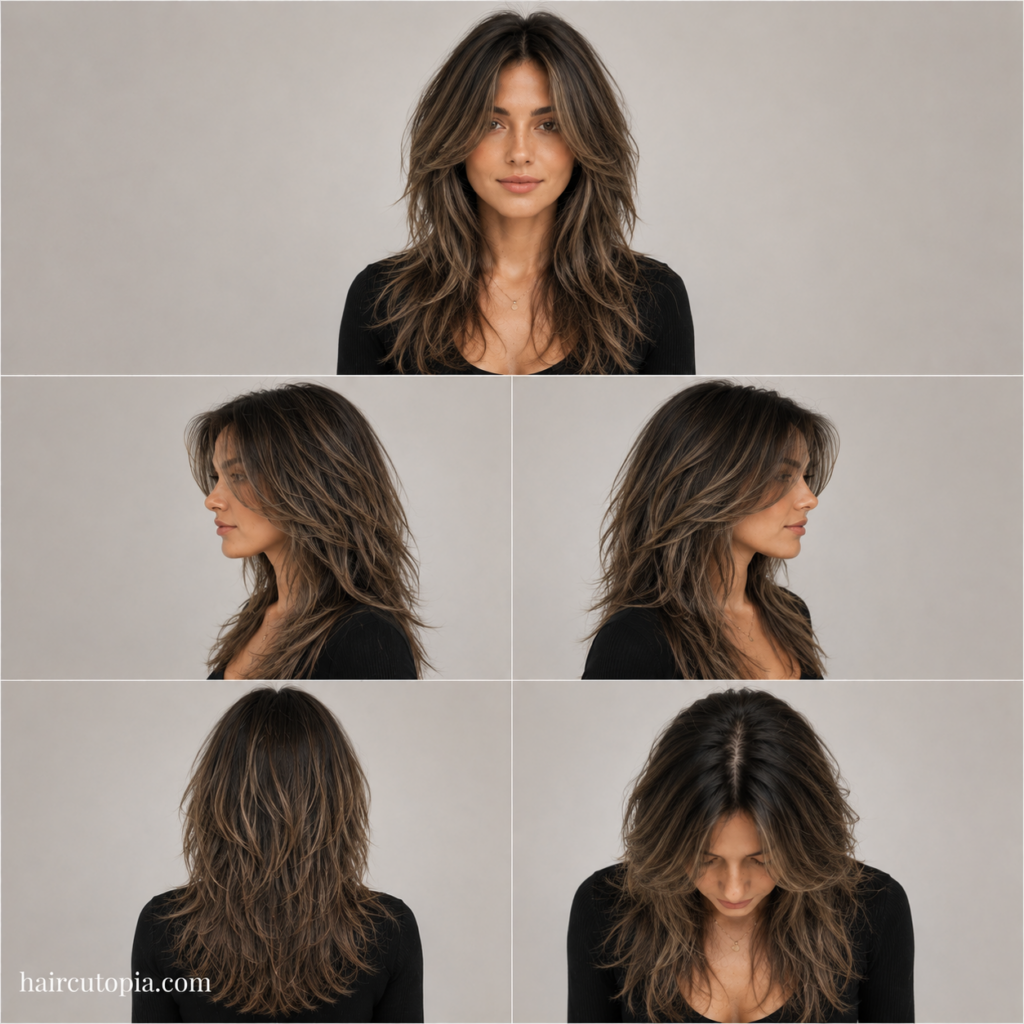 Five-view collage of a textured face-framing layered haircut showing the front, left side, right side, back, and bird's-eye views.