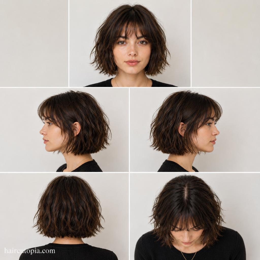 Textured French bob haircut shown from the front, side, back, and top views