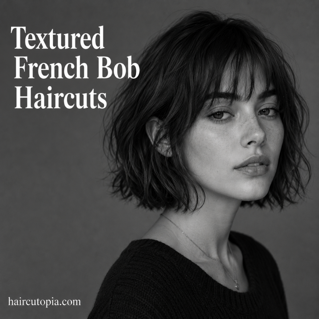 Textured French bob haircut with wispy bangs and tousled chin-length layers