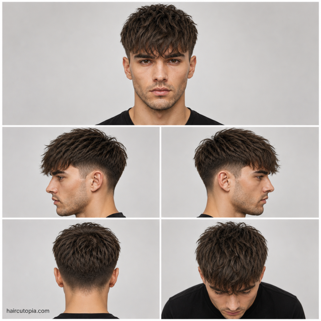 Five-view collage of a men's textured fringe haircut showing the front, left side, right side, back, and top views with layered texture and tapered faded sides.
