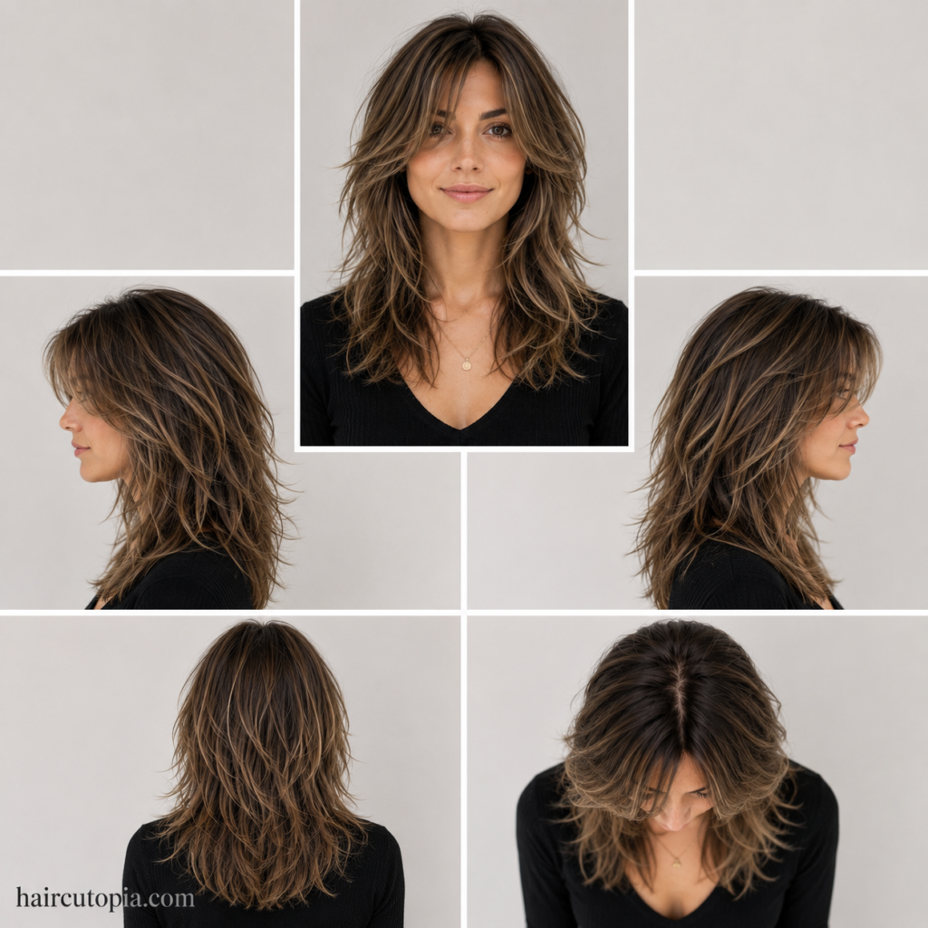 Five-panel collage showing a textured layered haircut from the front, left side, right side, back, and top views.
