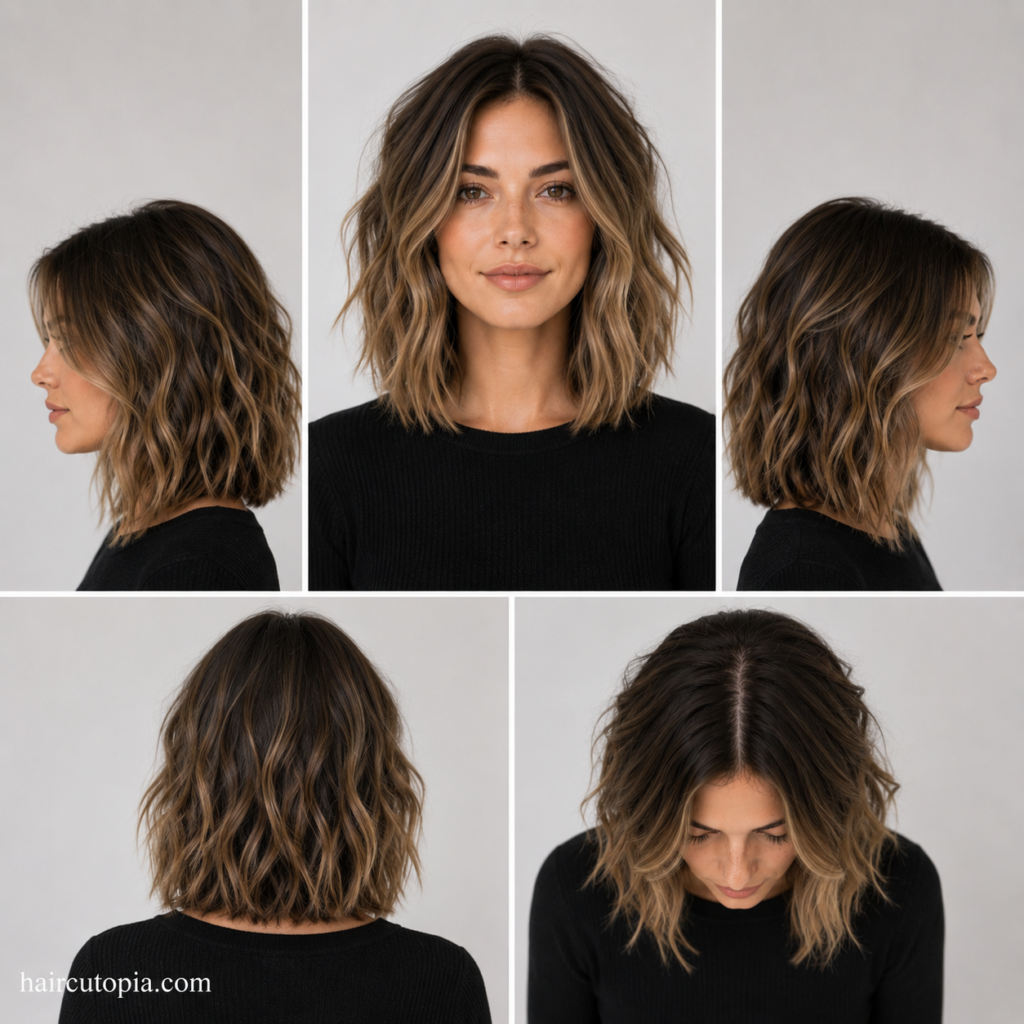 Five-view collage of a textured lob haircut showing the front, left side, right side, back, and top views of a layered shoulder-length hairstyle with natural movement.