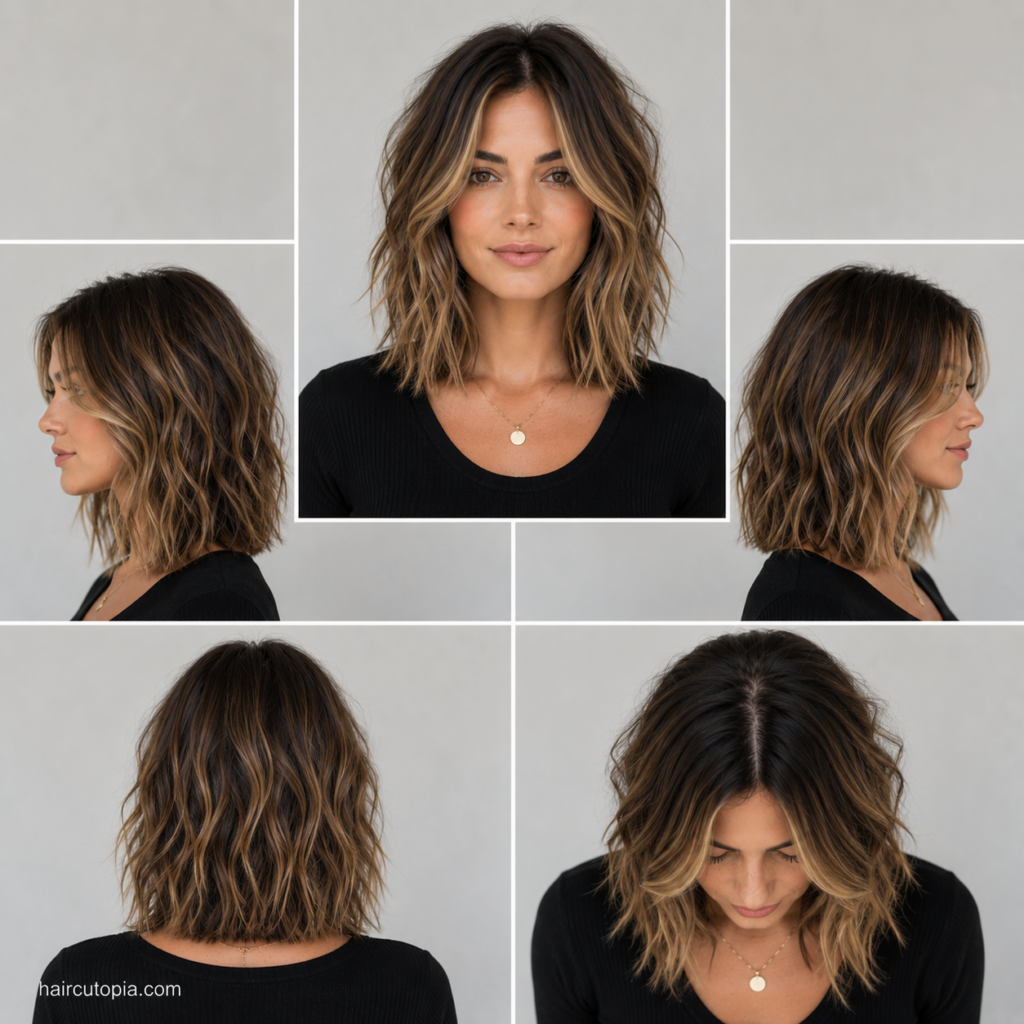Five-view collage of a textured long bob haircut showing the front, left side, right side, back, and bird's-eye views.
