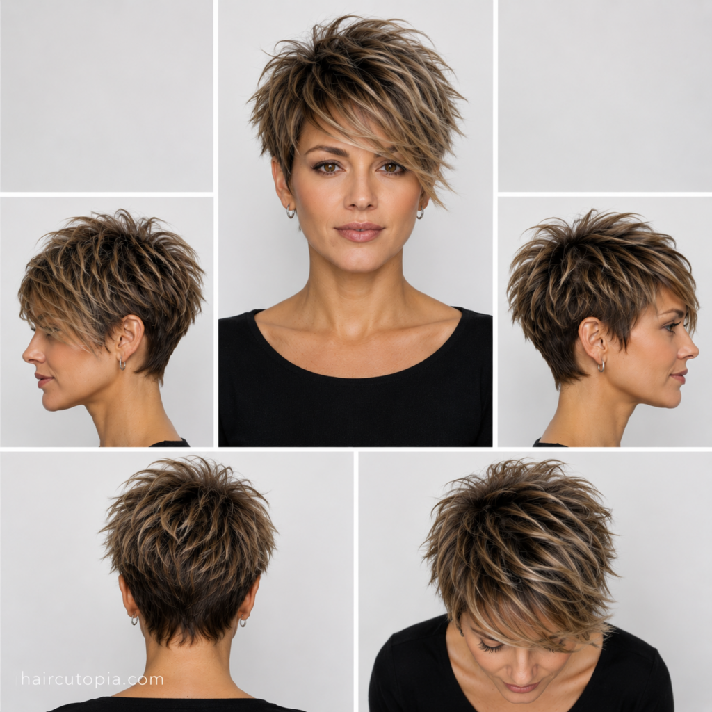 Five-panel collage showing a textured long pixie haircut from the front, left side, right side, back, and top views, highlighting piecey layers, tousled crown volume, and a longer side-swept fringe.