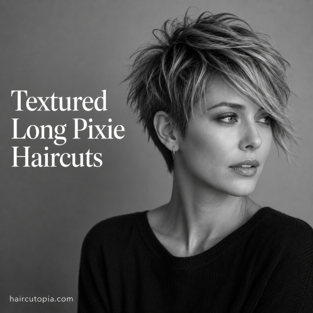 Woman with a textured long pixie haircut featuring piecey crown layers, visible separation, tousled volume, and a longer side-swept fringe in a black-and-white editorial portrait.