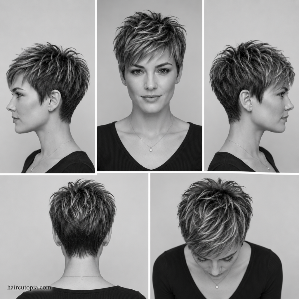 Textured pixie haircut shown from the front, left side, right side, back, and top views