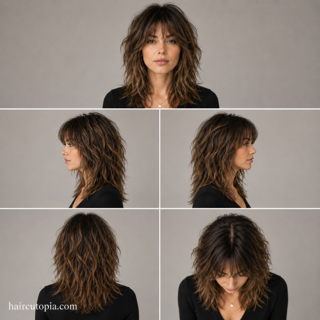 Five-view collage of a textured shag haircut showing the front, left side, right side, back, and top views with layered feathered texture.