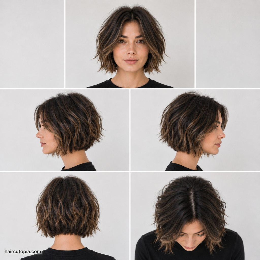 Five-view collage of a textured short bob haircut showing the front, left side, right side, back, and top views.