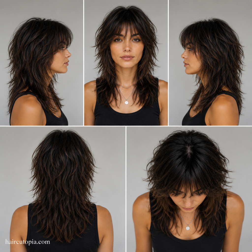 Five-view collage of a woman's textured wolf cut haircut showing the front, left side, right side, back, and bird's-eye views with layered texture and feathered ends.