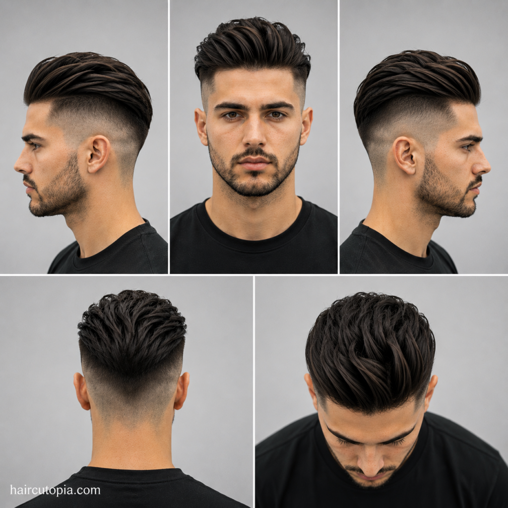 Five-view collage of a modern undercut haircut showing the front, left side, right side, back, and top views with a textured slicked-back top and disconnected sides.
