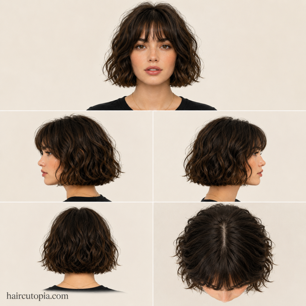 Wavy French bob haircut shown from front, side, back, and top views