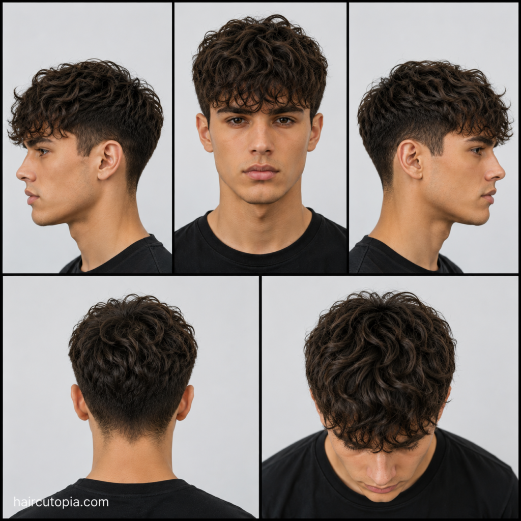 Five-view collage of a modern wavy fringe haircut showing the front, left side, right side, back, and top views.