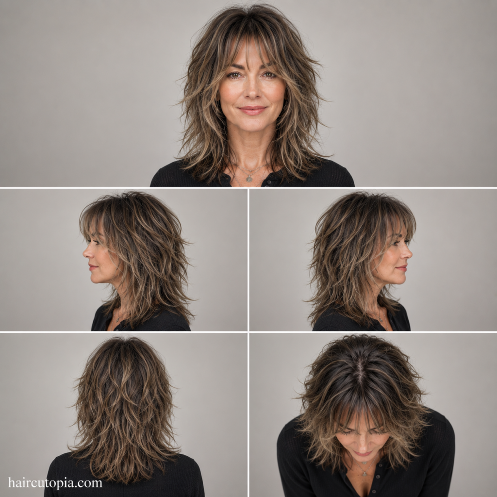 Five-view collage of a busy mom with a modern wolf cut hairstyle showing the front, left side, right side, back, and bird's-eye views.