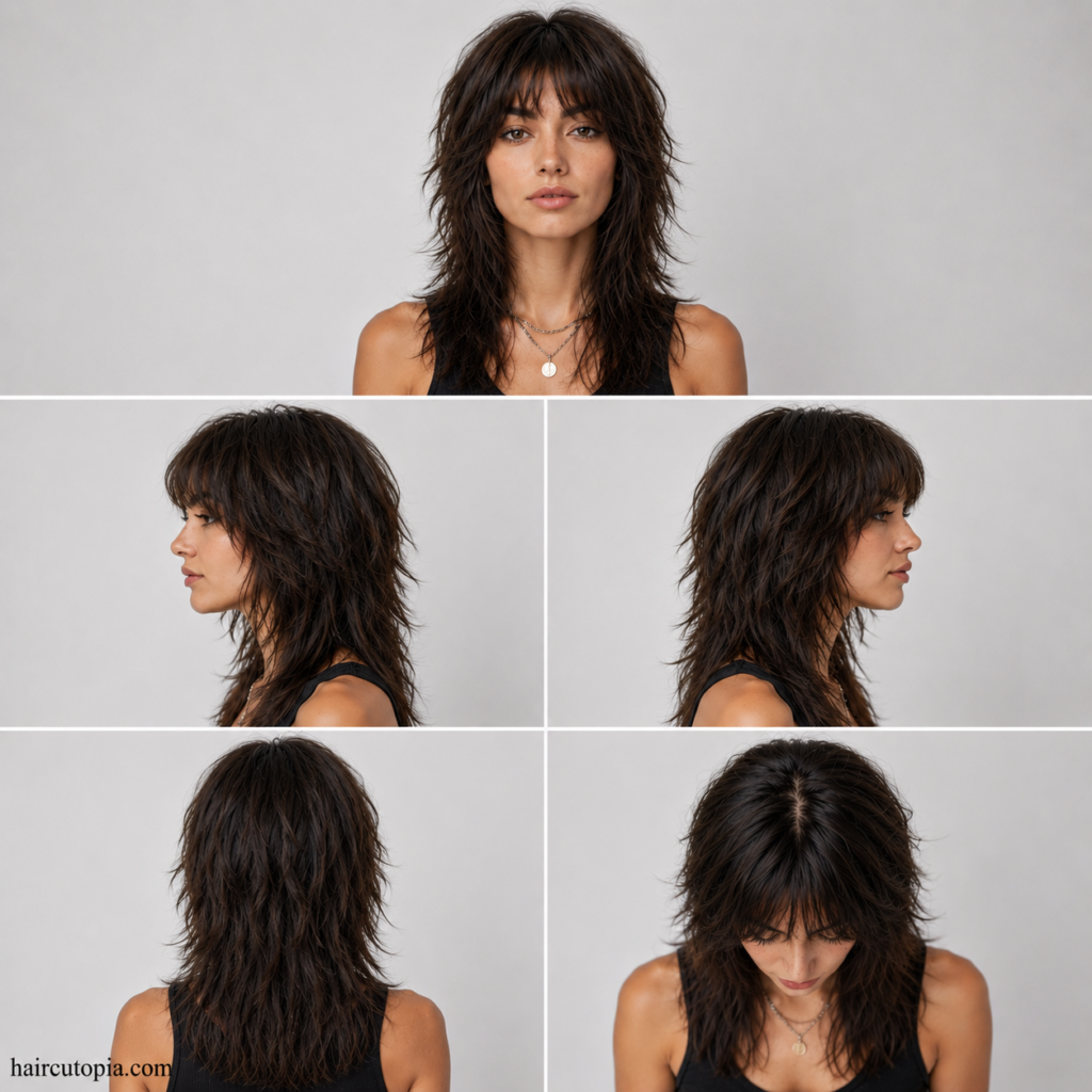 Five-view collage of a wolf cut for coarse hair showing the front, left side, right side, back, and top views.