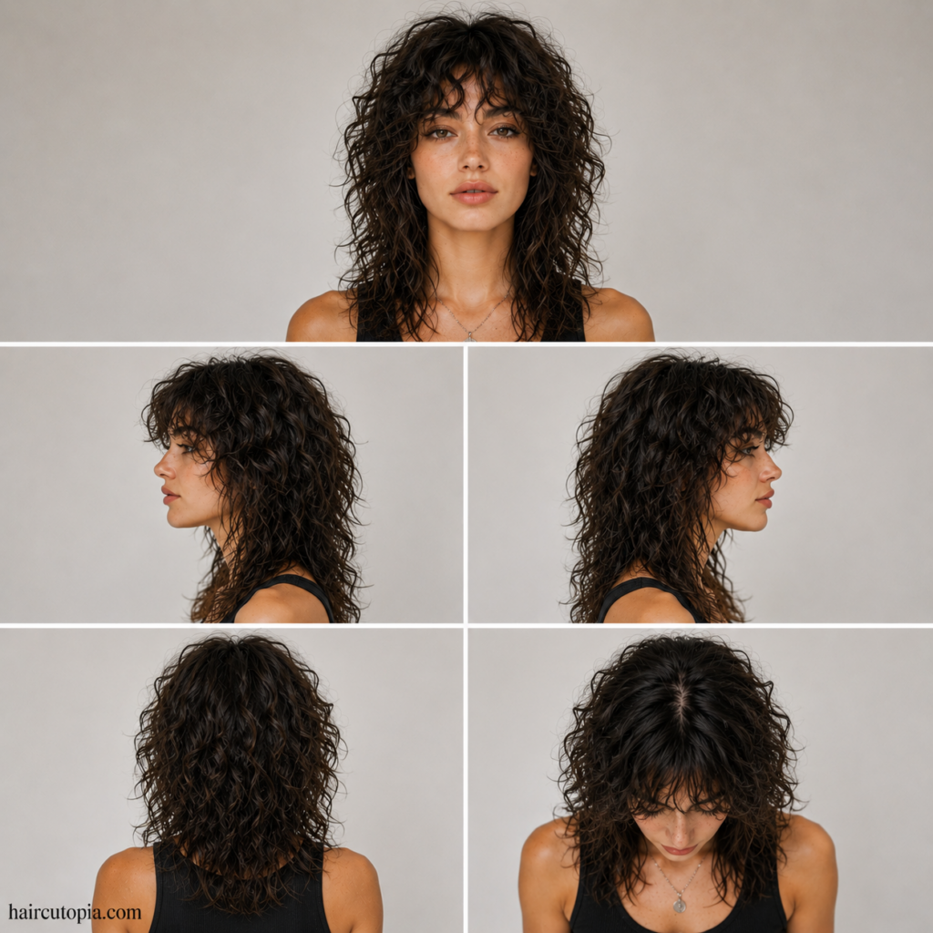 Five-view collage of a curly wolf cut hairstyle showing the front, left side, right side, back, and top views.
