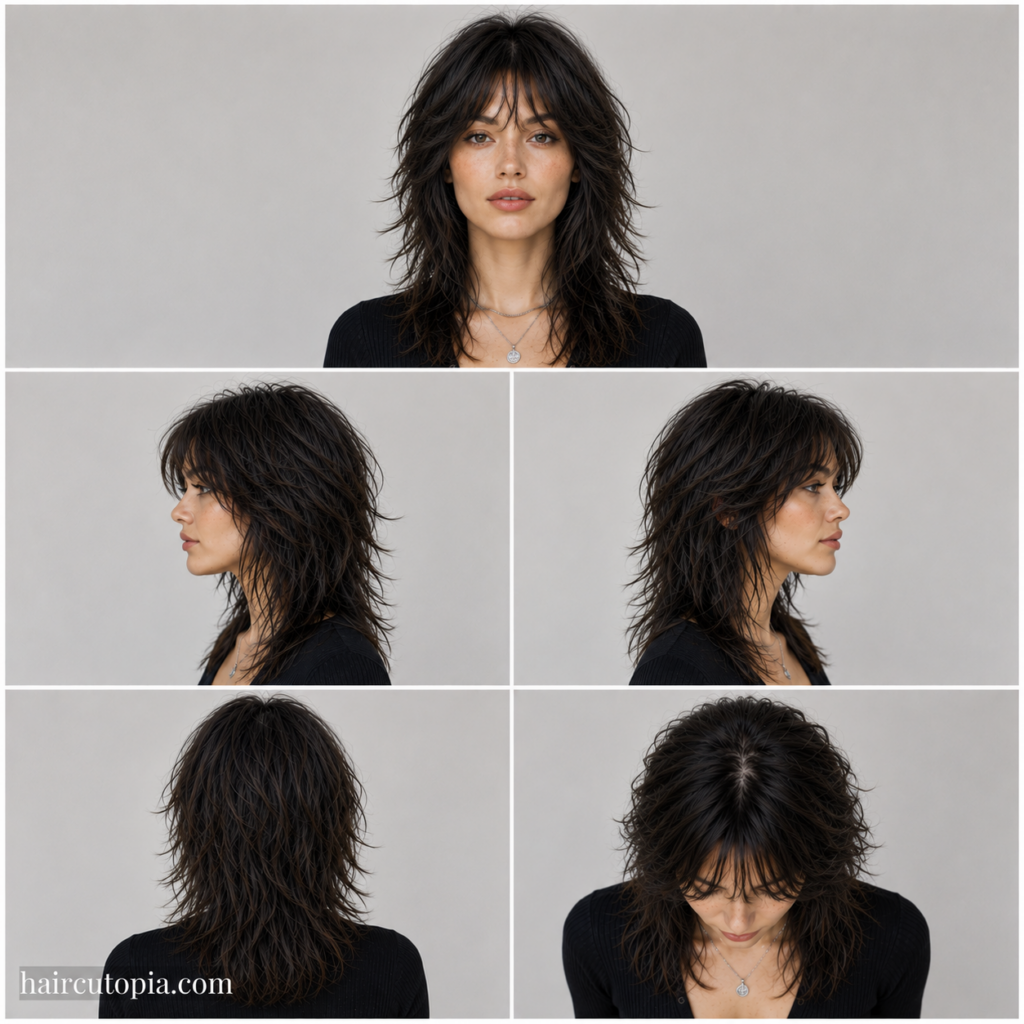 Five-panel collage showing a wolf cut haircut for a diamond-shaped face from the front, left side, right side, back, and bird's-eye views.